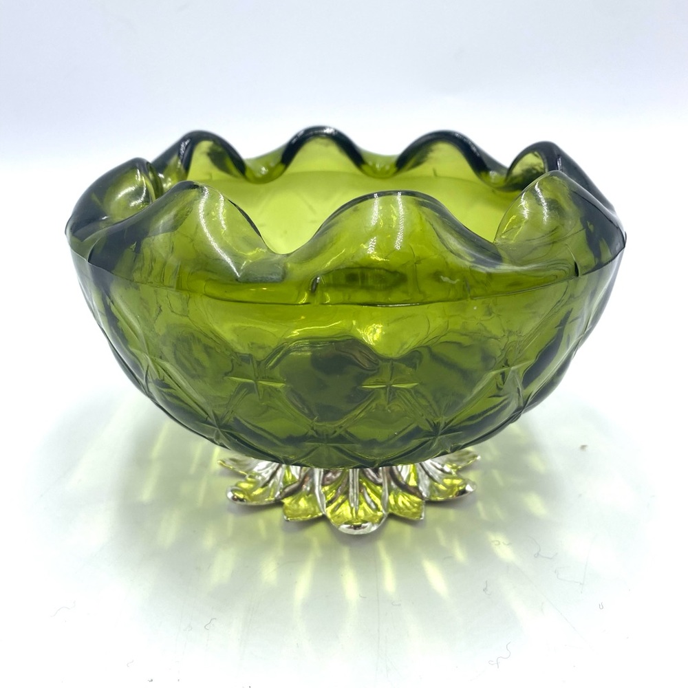 Vtg Indiana Glass Duette Green Rose Bowl w/ Silver-Gold Toned Feather Base